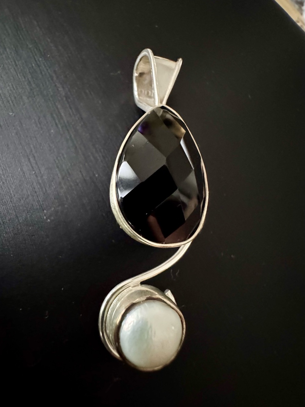 Sterling Silver Black Onyx and White Pearl Pendant